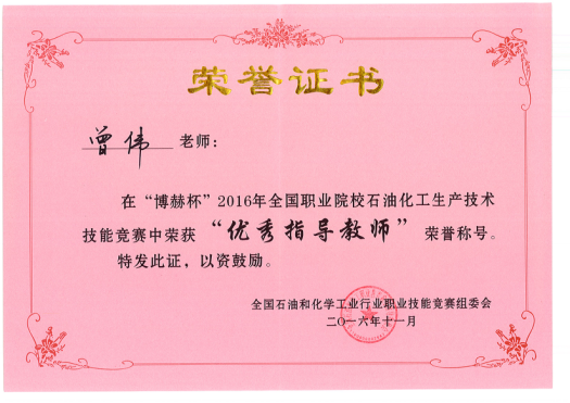 “优秀指导教师”荣誉证书